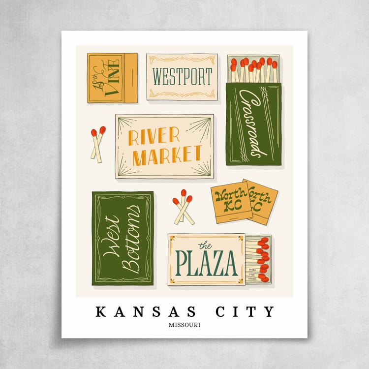 A collection of green, yellow, white and blue matchbooks featuring 7 neighborhoods in Kansas City, Missouri