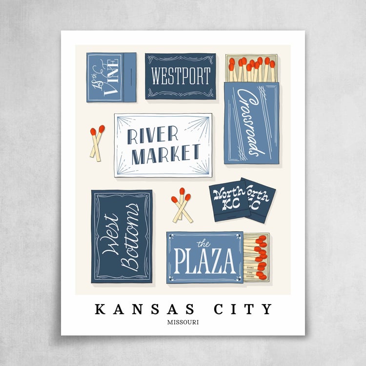 A collection of blue and white matchbooks featuring 7 neighborhoods in Kansas City, Missouri
