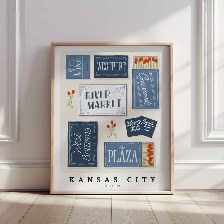 A framed picture of Kansas City, Missouri neighborhoods drawn in various lettering styles on matchboxes. Artwork has a blue and white color scheme