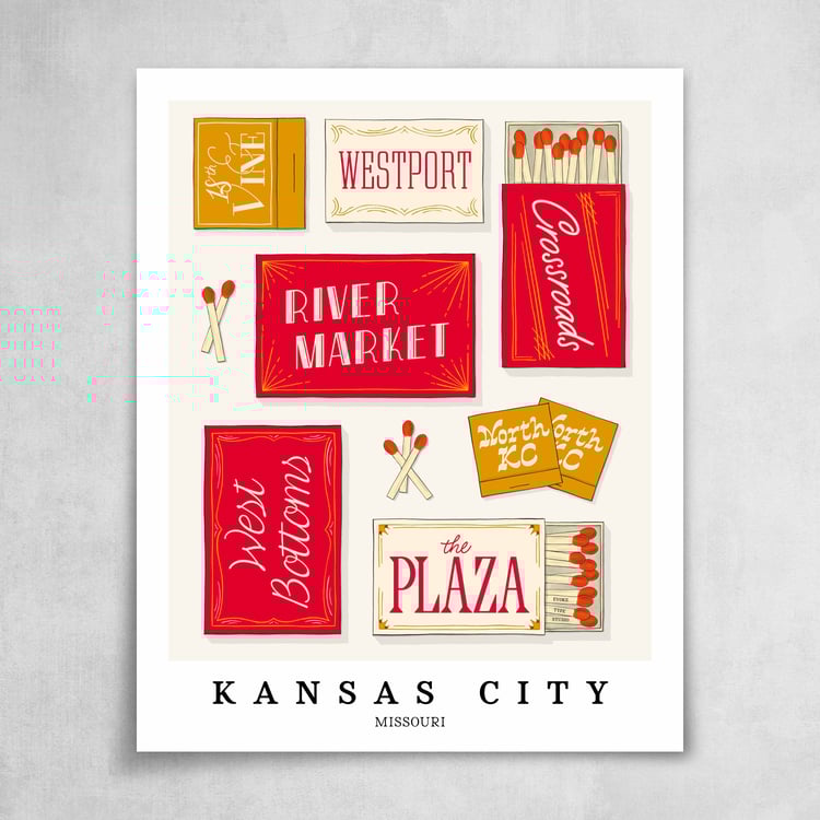 A collection of red and gold matchbooks featuring 7 neighborhoods in Kansas City, Missouri