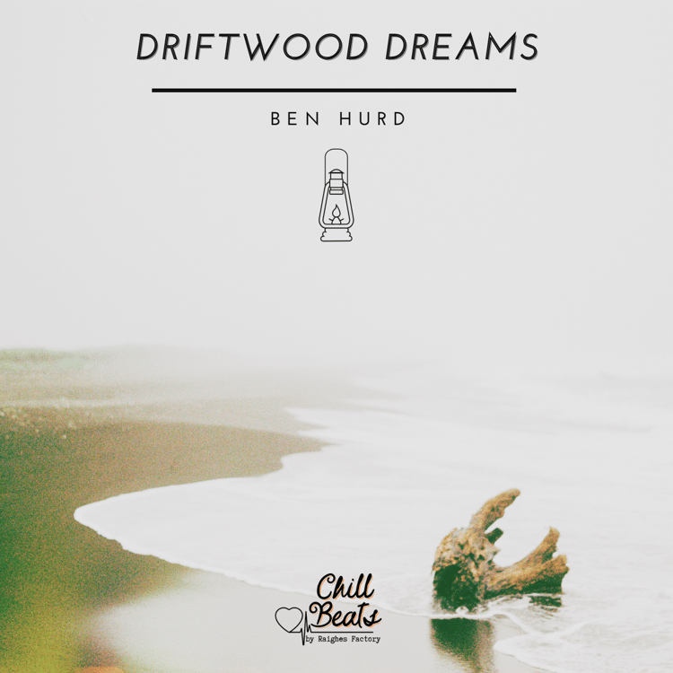 Driftwood washed ashore on a serene beach under a misty sky, with the Driftwood Dreams track title.