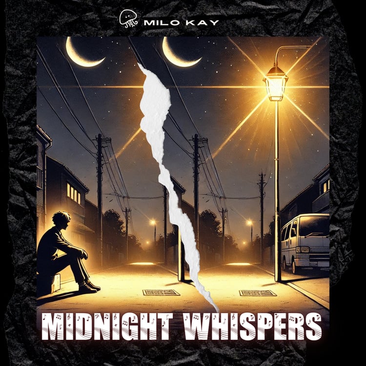 A nighttime scene with crescent moons, a glowing streetlamp, and a person seated on the curb, reflecting under the quiet sky.