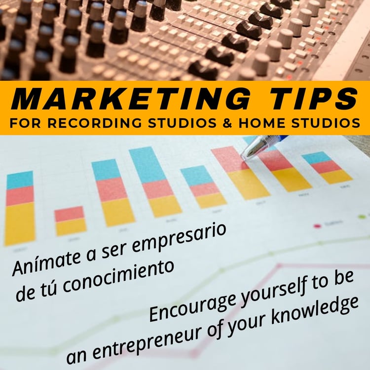 Una consola profesional de audio. Tips de Marketing para estudios de grabación. Barras y curvas de analisis de negocios.