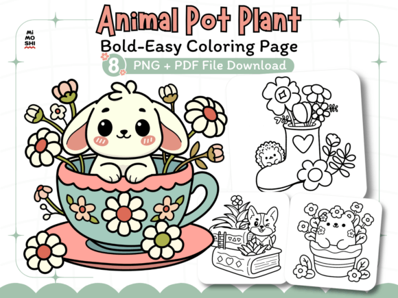 Adorable animal and plant pot coloring fun for relaxation