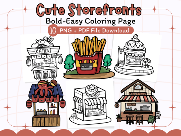 Cute bakery storefront design coloring page Adorable cafe storefront coloring sheet for adults Flower shop storefront coloring page with fine details Sweet boutique storefront coloring design for relaxation