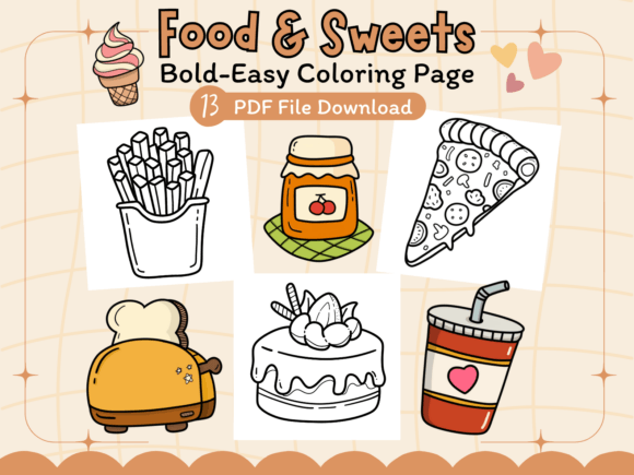 Cute candy and lollipop coloring page Sweet treats and dessert table coloring design Whimsical bakery scene coloring page Creative food-themed coloring page for relaxation