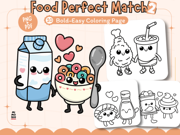 Kawaii heart-shaped pizza and slice coloring page Cute boba tea couple coloring page