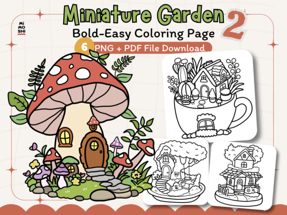 Miniature fantasy garden with tiny cottage coloring page Magical fairy garden with flowers and gnomes coloring page