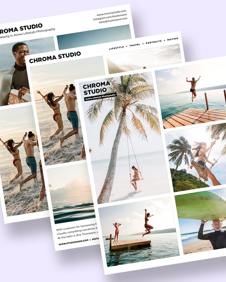 Three colorful lifestyle photography brochures labeled Chroma Studio display various images: a person on a beach swing, friends jumping, a group on a dock, and palm trees by the sea. The layout is vibrant, highlighting outdoor and travel themes.
