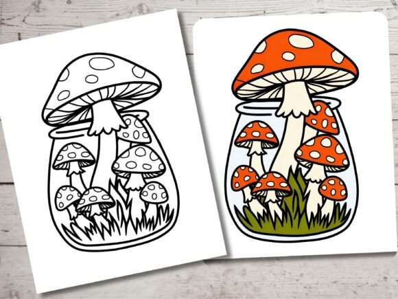 Magical terrarium with mushrooms and stars for coloring Cute mushroom house in a glass jar printable coloring sheet