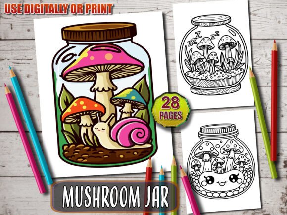 Whimsical mushroom jar coloring page with tiny fairy home