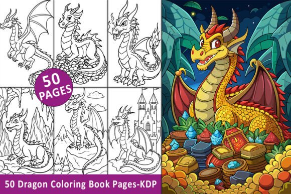 Fierce fire-breathing dragon coloring page with detailed scales Fantasy dragon in a mystical mountain landscape for coloring