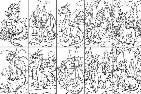 Majestic winged dragon soaring through the clouds coloring page Epic dragon battle scene for printable coloring fun Mythical creature with sharp claws and fire, perfect for coloring