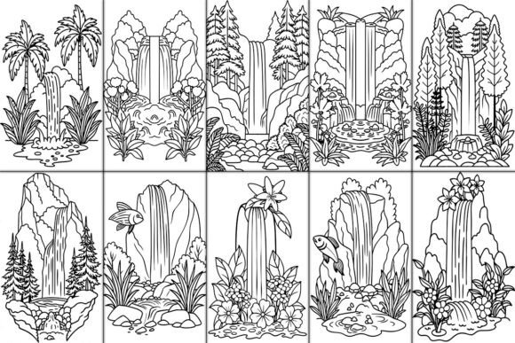 A bridge over a magical waterfall leading to an ancient castle Fairytale-inspired waterfall scene with floating lanterns & fireflies Secret garden with a hidden waterfall and unicorn drinking from a pond