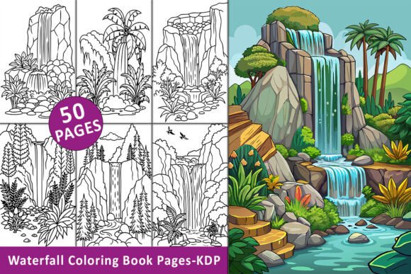 Magical waterfall flowing through an enchanted forest with fairy lights Mystical fairy village hidden behind a cascading waterfall Fantasy landscape with towering trees, glowing mushrooms & a secret river