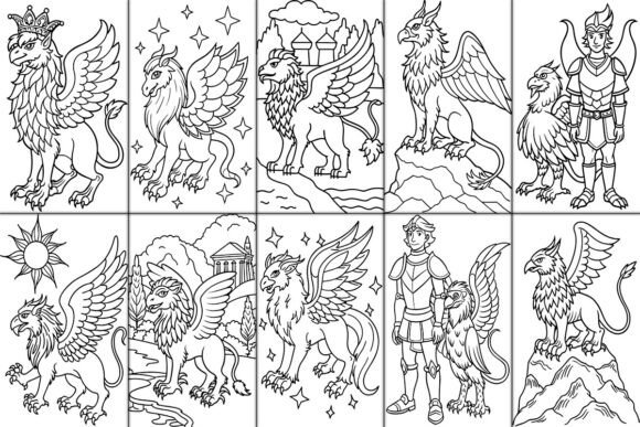 Griffin with the body of a lion and wings of an eagle, soaring over a mystical forest Griffin nest with hatchlings under a mystical tree, surrounded by glowing lights Griffin standing proudly in a desert landscape, watching over an oasis