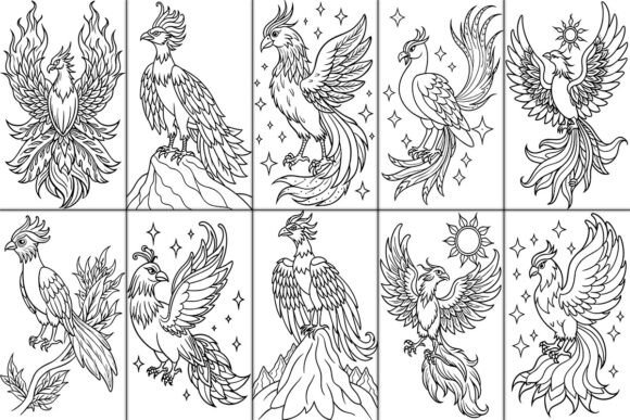 Fiery phoenix perched on a charred tree branch in a post-apocalyptic setting Majestic phoenix flying over a glowing city, with a brilliant golden aura Phoenix rebirth scene, with flames swirling around a newly-formed bird