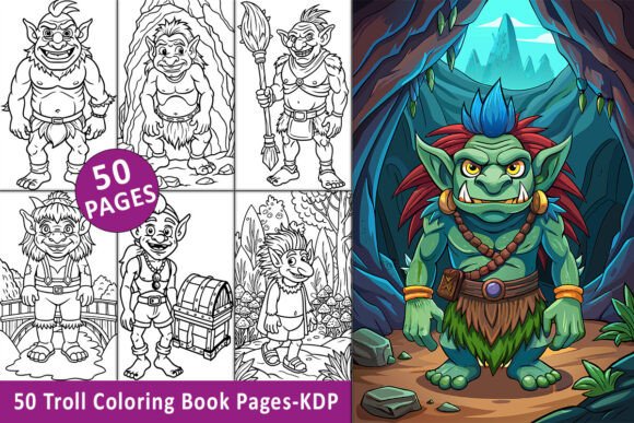 Troll creature holding a glowing torch in a cave surrounded by mushrooms Mushroom forest illuminated by fire torches, with a troll creature in the center Golden treasure in a mystical cave with a troll guarding it
