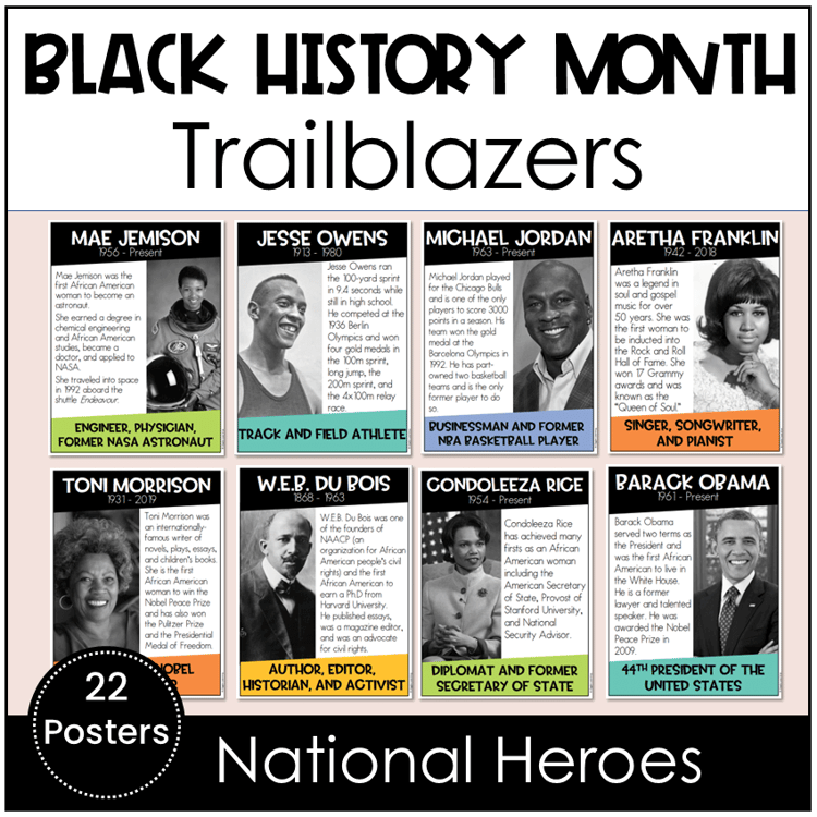 22 Posters of African American national heroes for Black History Month