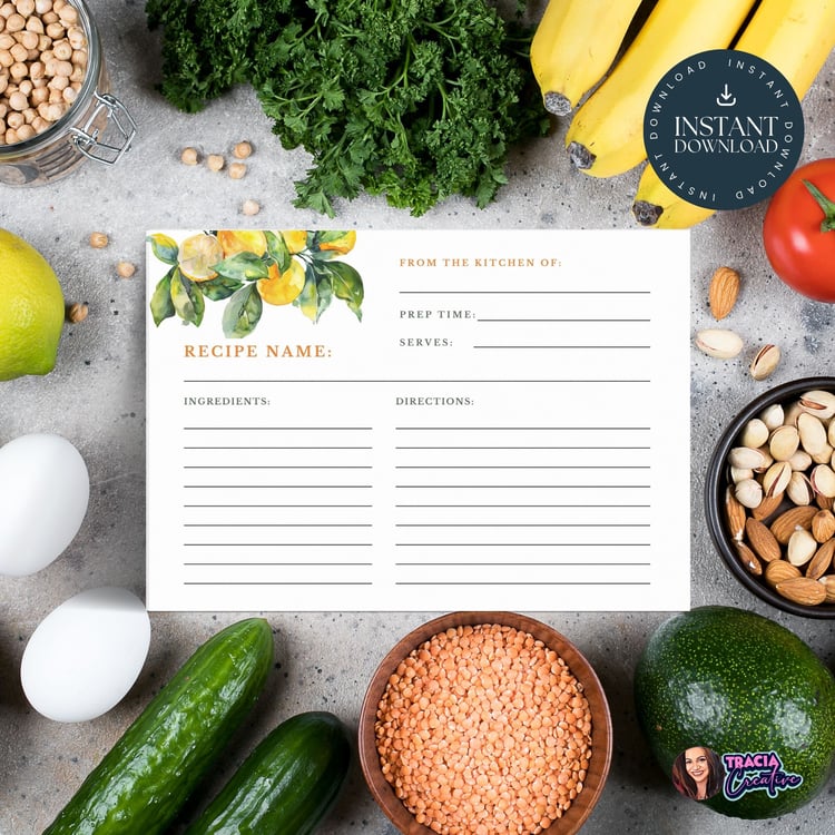 Printable Recipe Cards with 4 citrus designs in 7x5 size for kitchen organization and gifting.