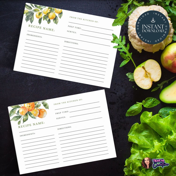 Printable Recipe Cards with 4 citrus designs in 7x5 size for kitchen organization and gifting.