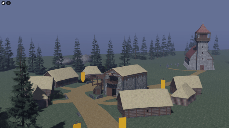Medieval game map featuring a 1300s village, serene river, and farmland for immersive gameplay