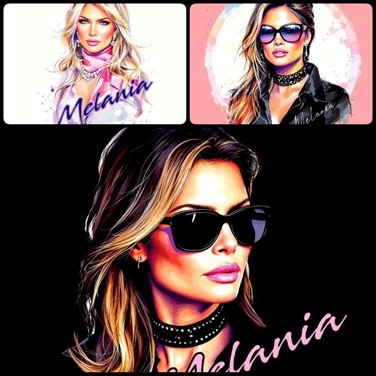 This collection features 35 unique, feminine, and patriotic designs centered around Melania Trump, with some Christian messages included. The artwork includes beautiful faces, soft watercolor colors, and empowering slogans perfect for various digital and