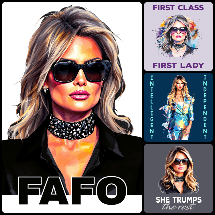 This collection features 35 unique, feminine, and patriotic designs centered around Melania Trump, with some Christian messages included. The artwork includes beautiful faces, soft watercolor colors, and empowering slogans perfect for various digital and