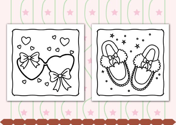 Two outlined coloring images: heart-shaped sunglasses adorned with bows and fluffy slippers decorated with stars and bows.