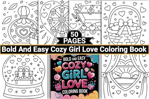 Cover of "Bold And Easy Cozy Girl Love Coloring Book," featuring playful illustrations and the title in colorful letters.