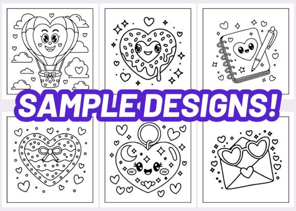 Six whimsical black-and-white coloring designs featuring hearts, a hot air balloon, and cute characters with stars and notes.