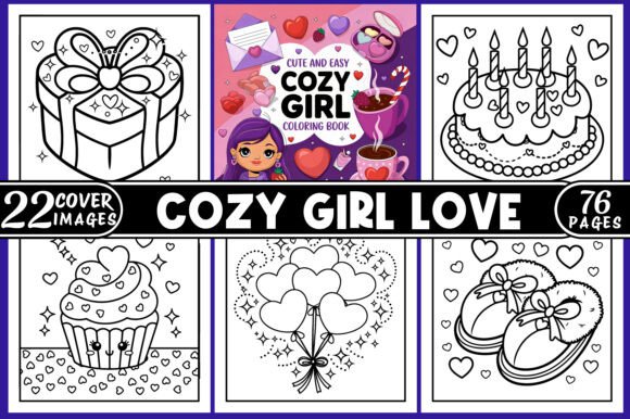 Cover of "Cozy Girl Love" coloring book featuring cute images of gifts, cakes, balloons, and slippers, inviting creativity and fun.