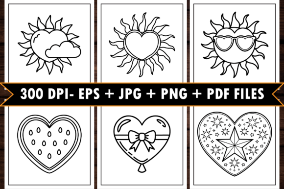 Six line art illustrations featuring hearts and suns, with a banner listing file formats: EPS, JPG, PNG, PDF, all at 300 DPI.
