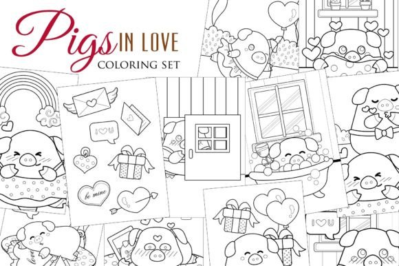 A collage of cute black-and-white pig illustrations for coloring, featuring hearts, gifts, and playful romantic scenes.