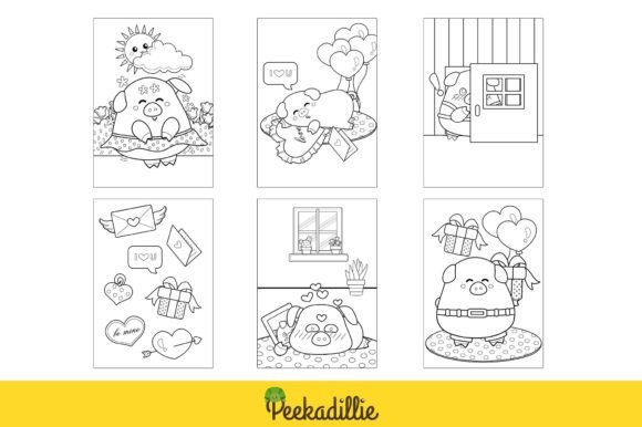 Six black-and-white cartoon panels featuring cute characters expressing love with gifts, hearts, and balloons. Outline coloring pages.