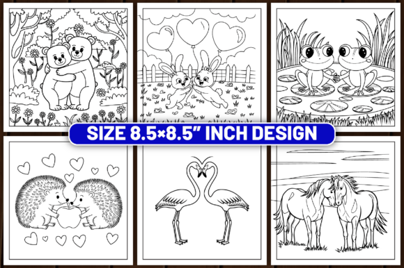 Six black and white animal-themed coloring designs: pandas, frogs, flamingos, hedgehogs, bunnies, and horses, all in 8.5" square.