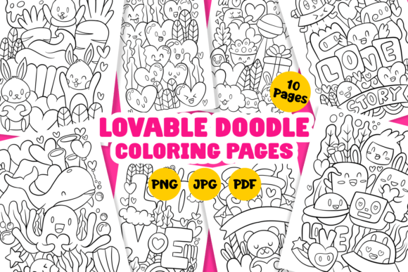 Illustration featuring various hand-drawn doodles for coloring, labeled "Lovable Doodle Coloring Pages" with formats PNG, JPG, PDF.