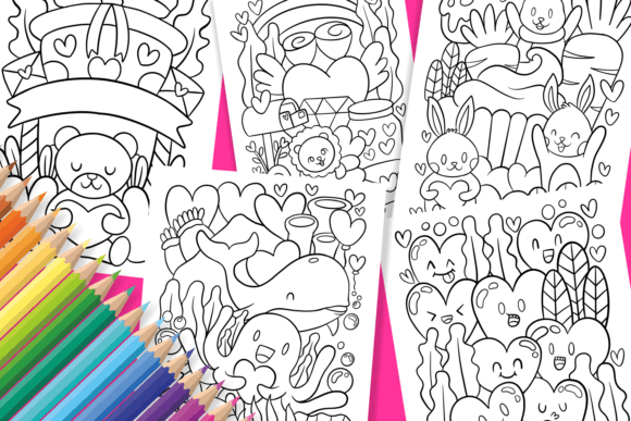 A collection of intricate coloring pages featuring cute characters, surrounded by colorful crayons on a bright pink background.