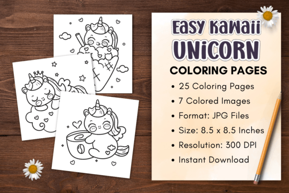 A promotional graphic for "Easy Kawaii Unicorn Coloring Pages" featuring sample images and details on the product specifications.