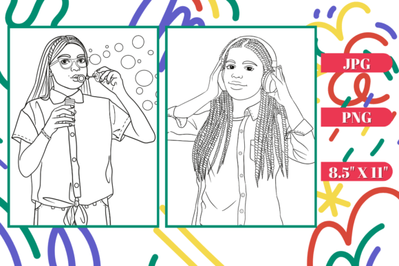 Two outlined illustrations of a girl blowing bubbles and another wearing headphones, set against a colorful backdrop.