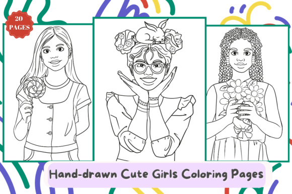 Three hand-drawn coloring pages featuring cute girls with various hairstyles and accessories, set against a colorful background.