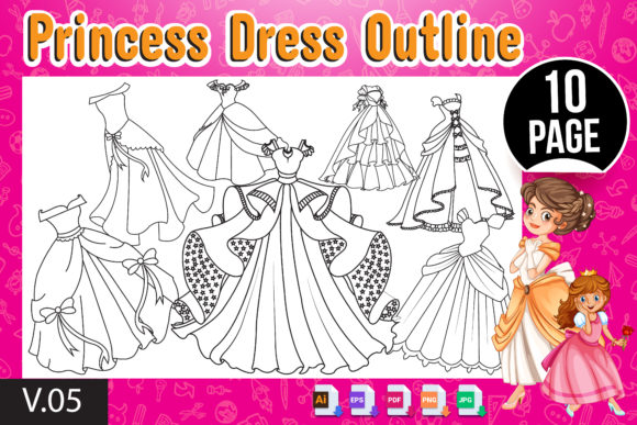 A collection of ten outlined princess dress designs against a pink background, showcasing various styles and details for coloring.