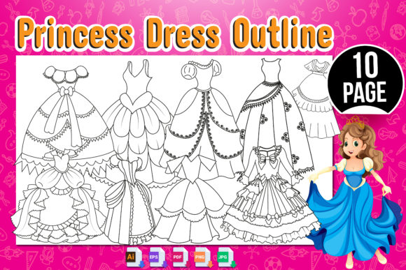 A colorful graphic featuring various princess dress outlines for coloring, with "Princess Dress Outline" text and format icons below.