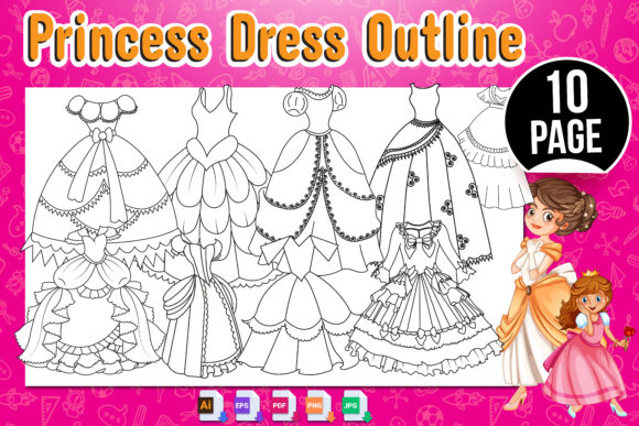 A colorful design featuring multiple outlined princess dresses on a pink background, showcasing various styles for coloring.