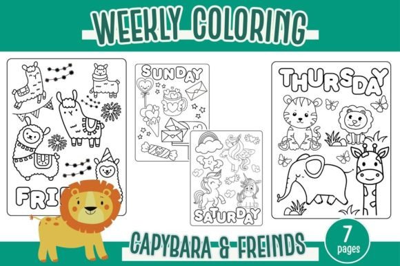 Coloring pages for each day of the week featuring animals and fun designs, titled "Weekly Coloring: Capybara & Friends."