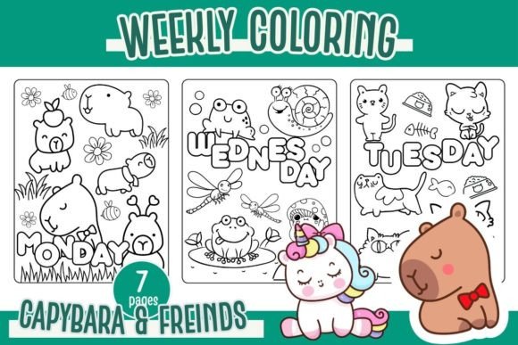 A weekly coloring pages set featuring cute capybaras and friends for Monday, Tuesday, and Wednesday, with vibrant, playful illustrations.