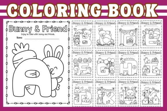 A colorful page from a children's coloring book featuring a bunny and friends, showcasing letters A to K with playful illustrations.