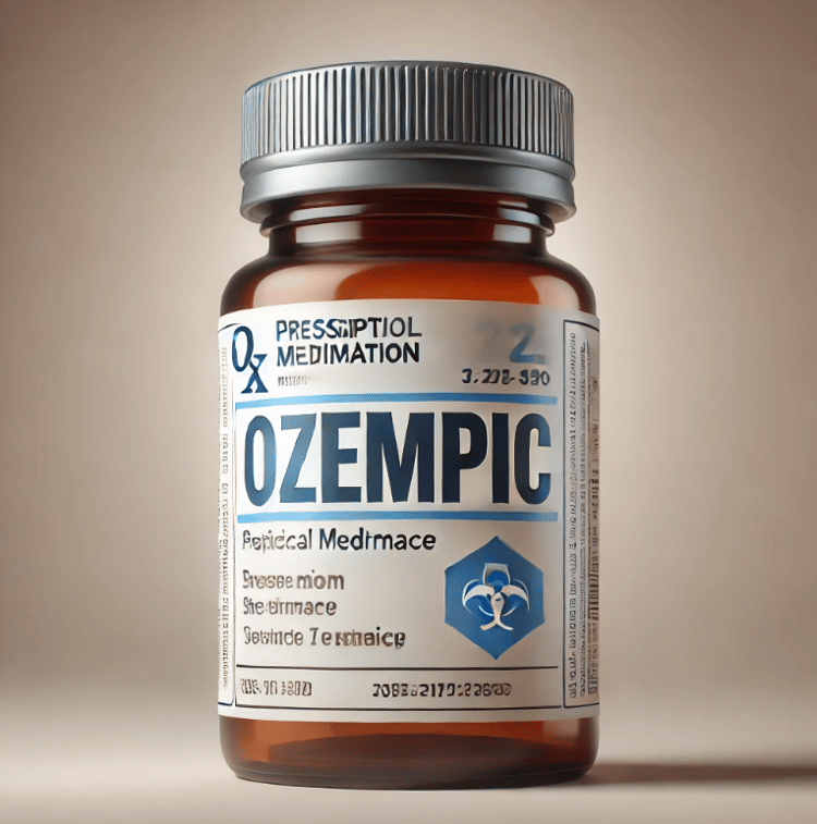 A realistic prescription medication bottle labeled Ozempic, placed on a neutral background with soft lighting, resembling an official pharmacy product.