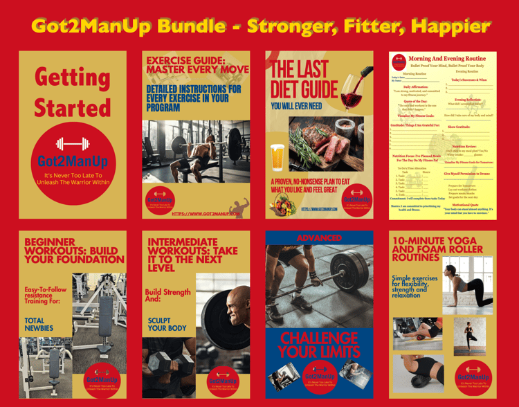 A digital display of all 9 eBooks included in the Got2ManUp Fitness Blueprint Bundle, showcasing workout plans, nutrition guides, and fitness strategies designed for men over 40 to build muscle, lose fat, and achieve sustainable results