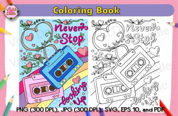 Coloring book page featuring colorful cassette tapes with hearts and vines, alongside a black-and-white outline version for coloring.